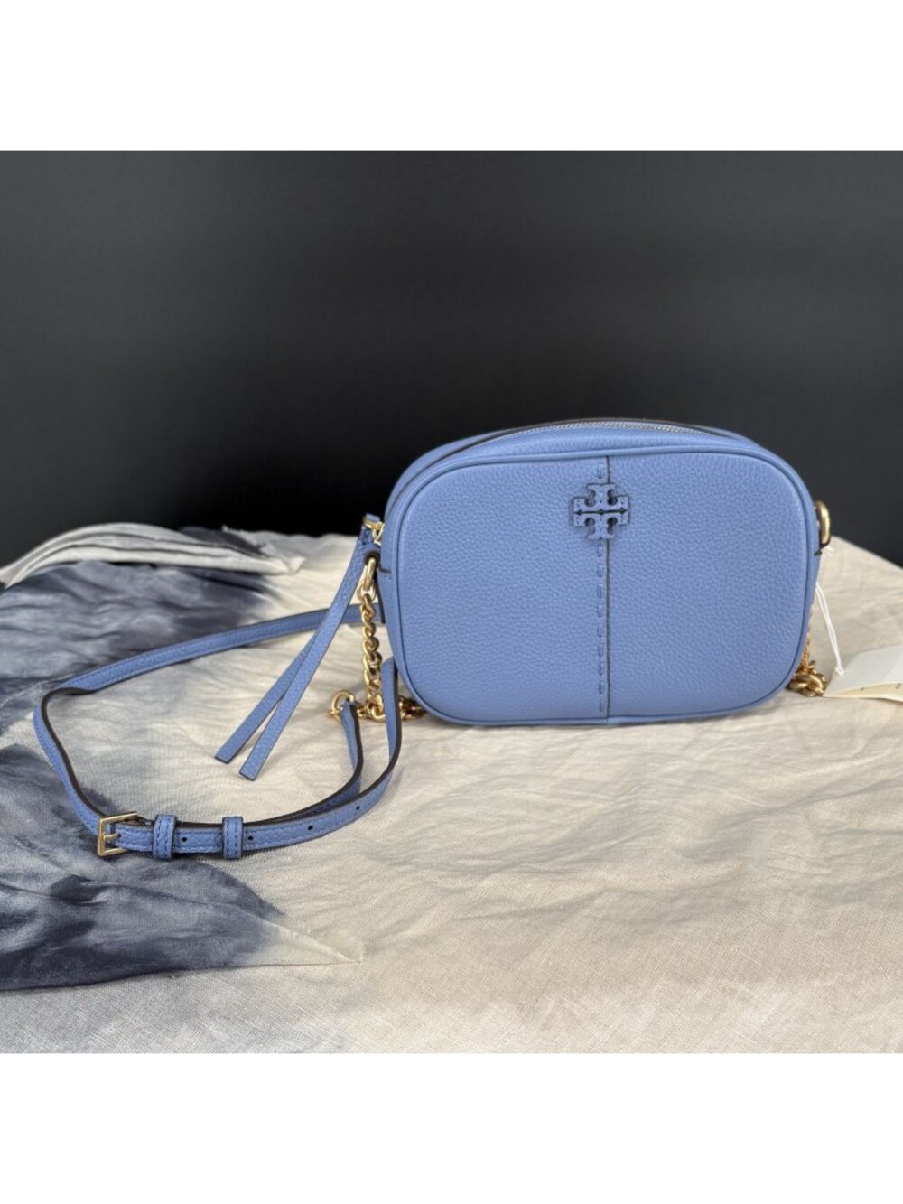 NWT Tory Burch McGraw Camera Bag Bluewood Pebbled Leather Crossbody